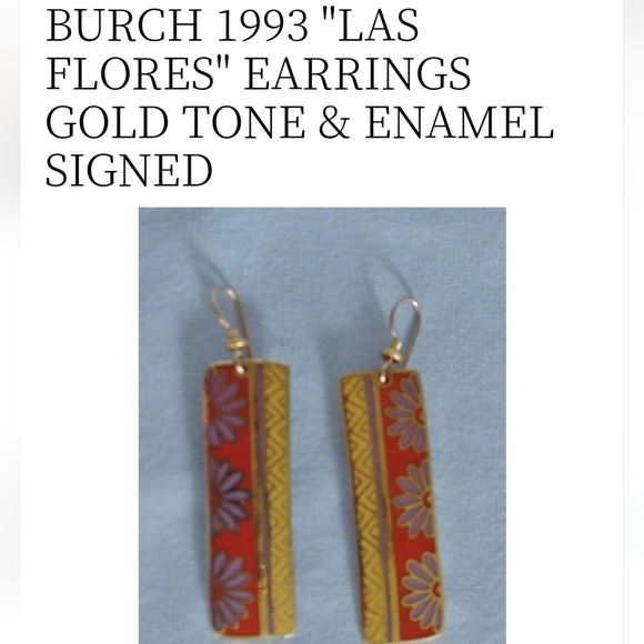 Laurel Burch 1993 Las Fores Signed Gold Tone Yellow and Red Enamel Earrings - Picture 5 of 5